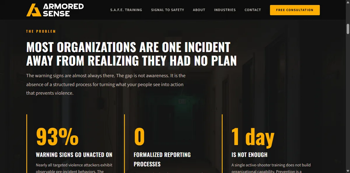 Armored Sense rebuilt site - problem framing section with stats panels: 93% warning signs unacted on, 0 formalized reporting processes, 1 day not enough
