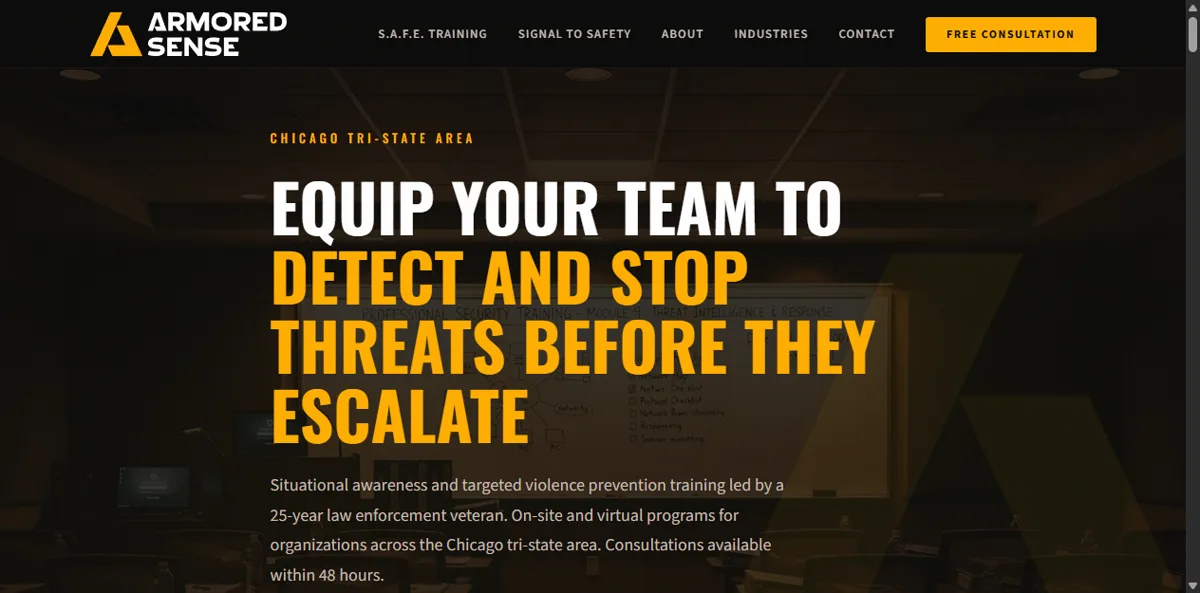 Armored Sense rebuilt homepage - dark theme with amber accents and command presence