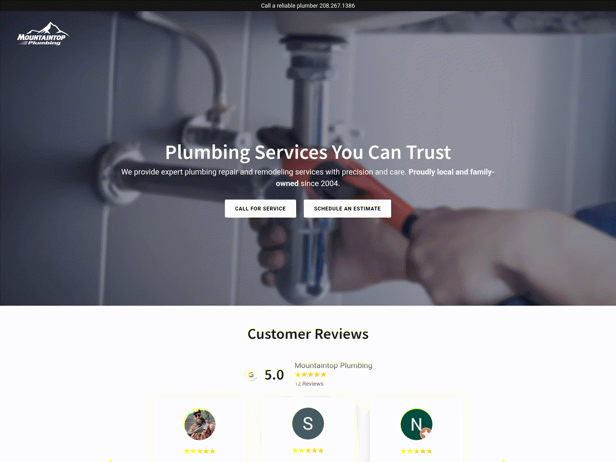Mountaintop Plumbing old GoDaddy website - hero section