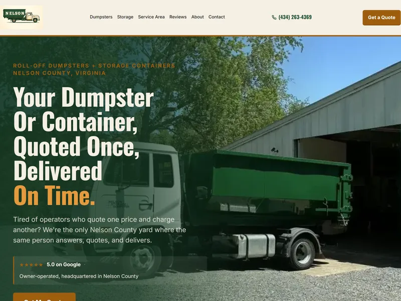 Nelson Storage and Dumpster rebuilt eight-page website with quote forms