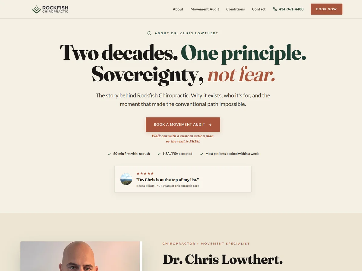 Rockfish Chiropractic new about page with sovereignty not fear pull-quote and authentic founder voice