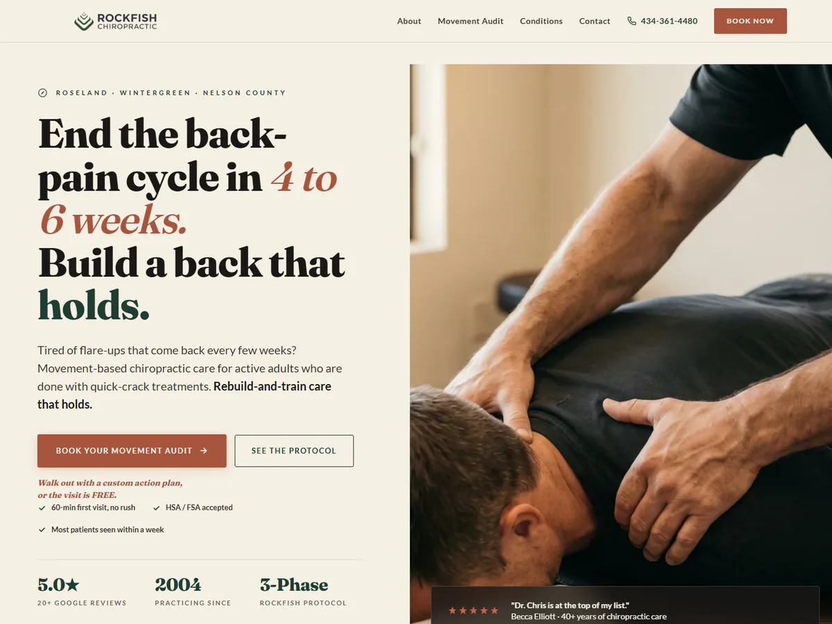 Rockfish Chiropractic new Pressure Built website with forest green branding and movement-based positioning