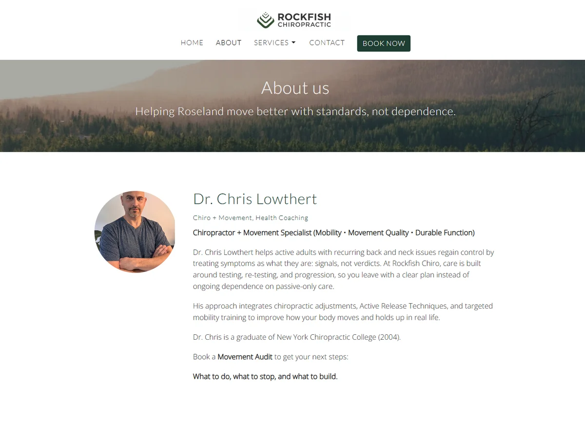 Rockfish Chiropractic old about page with generic About Us headline and short bio