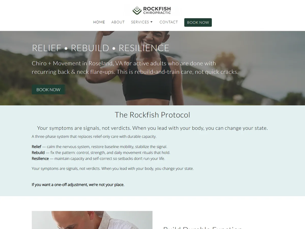 Rockfish Chiropractic old Jane Websites template with stock yoga photo and generic headline